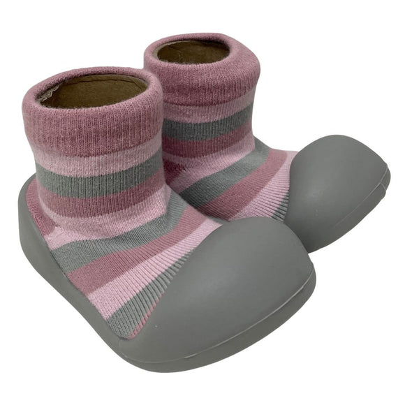 Little Eaton Rubber Soled Socks Pink/grey stripe